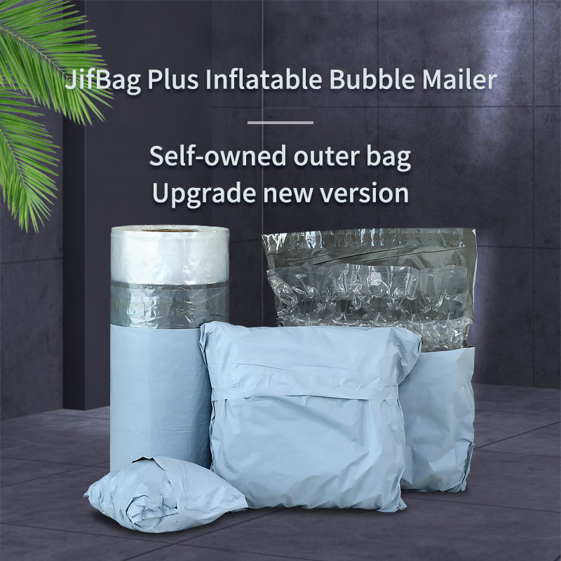 JifBag Plus Inflatable Bubble Mailer: a display of the upgraded version, showing the roll and packaged items.