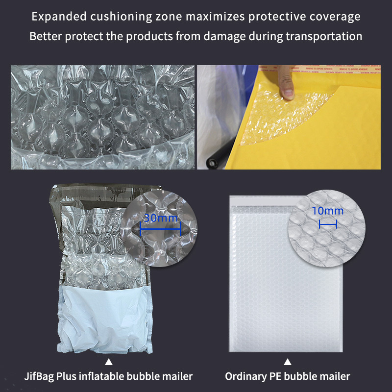 JifBag Plus Inflatable Bubble Mailer: a comparison showing its large 30mm bubbles for superior protection.