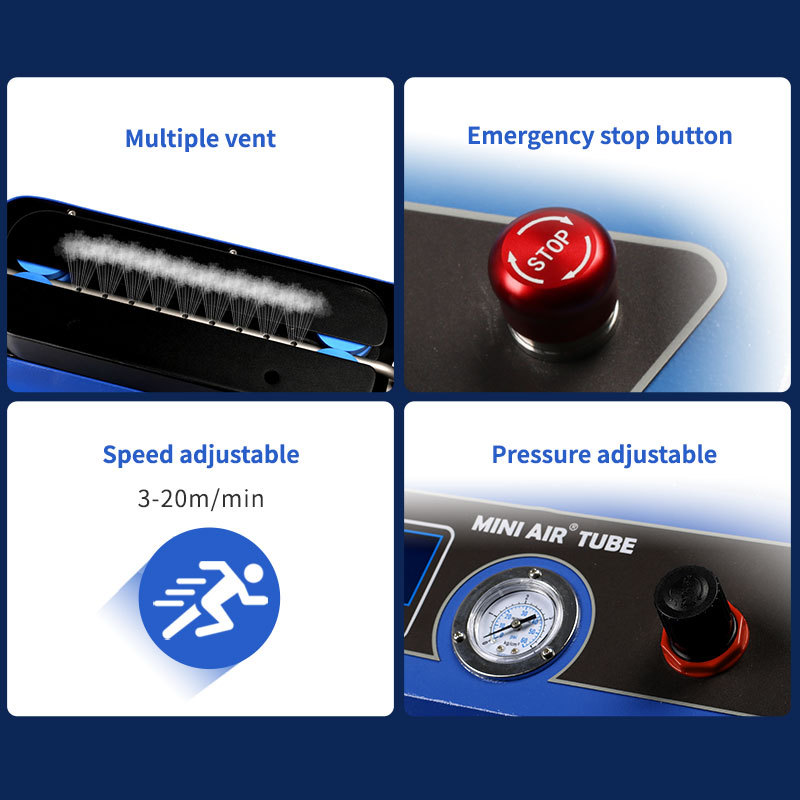 MINI AIR TA4 Tube4: a detail view of its vents, emergency stop, and adjustable speed/pressure.