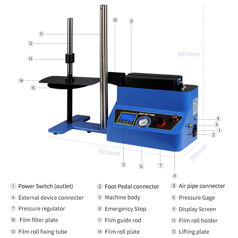 MINI AIR TA4 Tube4: a specification and parts diagram detailing its dimensions and key components.