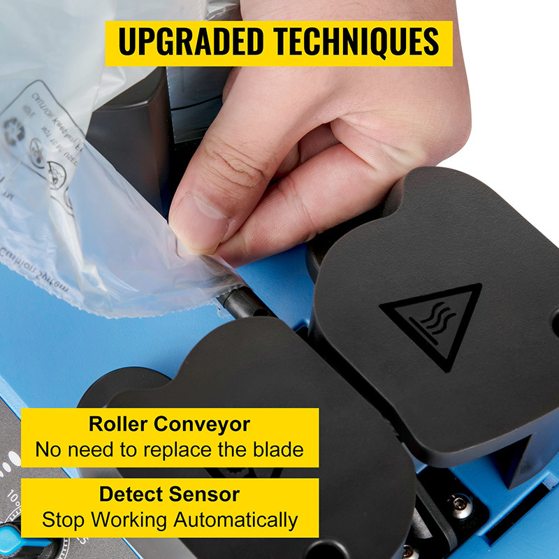 MINI AIR EA2S: a detail view of its roller conveyor, auto-stop sensor, and no-blade design.