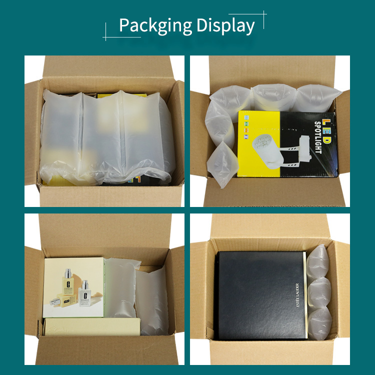 BioAir biodegradable air pillow packaging display, showing its use for wrapping items and filling empty space in boxes.