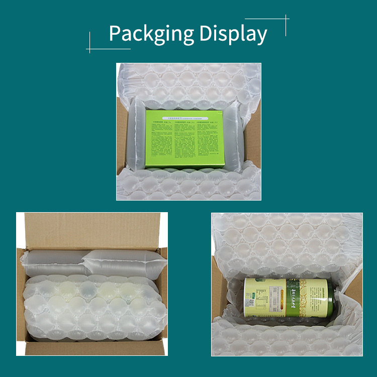 BioAir compostable air bubble film packaging display, showing its use for wrapping items and filling empty space in boxes.