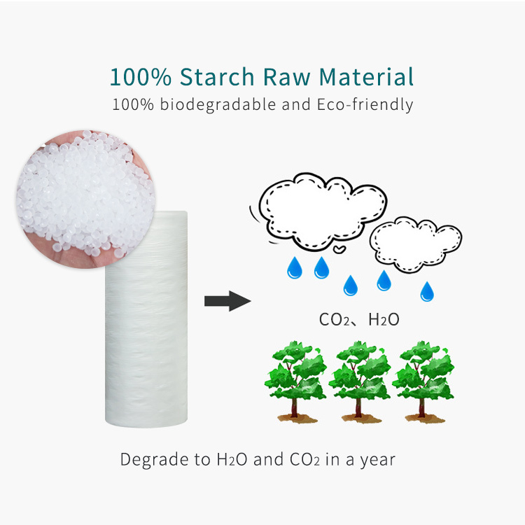 BioAir compostable film from 100% starch material, degrades to H2O and CO2 in one year.