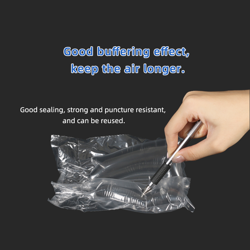 MINI AIR Inflatable Shoe Trees: hand with a pen pokes the bag to show its puncture resistance and strong sealing.