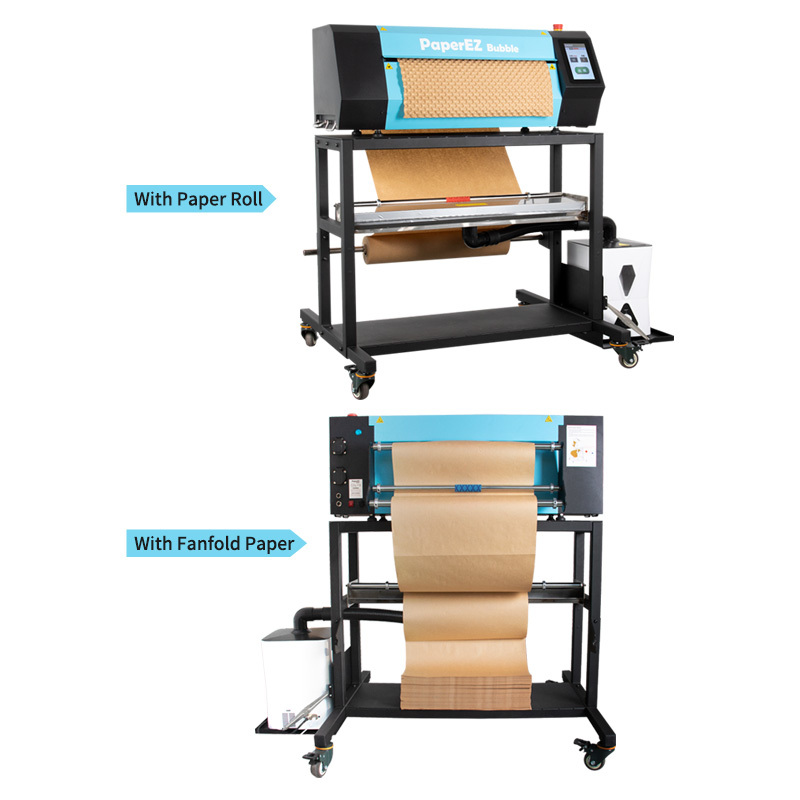 PaperEZ Bubble Machine 660 shown with both paper roll and fanfold paper for versatile use.