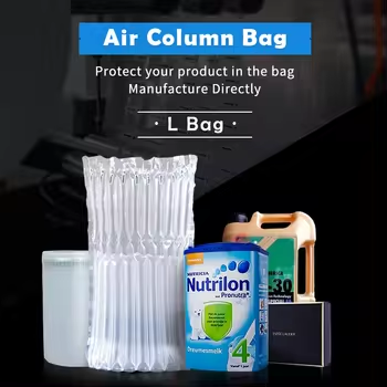 L Type Air Column Bags, showing the roll and a bag protecting canned products, with text 'L Bag' and 'Manufacture Directly'.