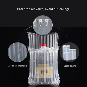 L Type Air Column Bags: patented air valve avoids leakage, text 'strong air chambers, stock-saving'.