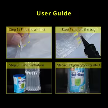 L Type Air Column Bags user guide with steps to find the air inlet, inflate the bag, and put products inside.