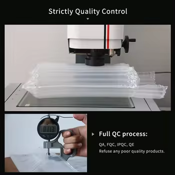 L Type Air Column Bags are strictly quality controlled with pressure and thickness tests, text 'Full QC process'.