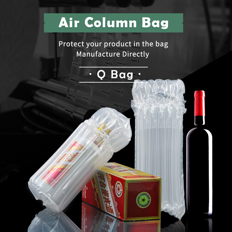 Q Type Air Column Bag protecting a fragile wine bottle, with text 'Protect your product in the bag' and 'Q bag'.