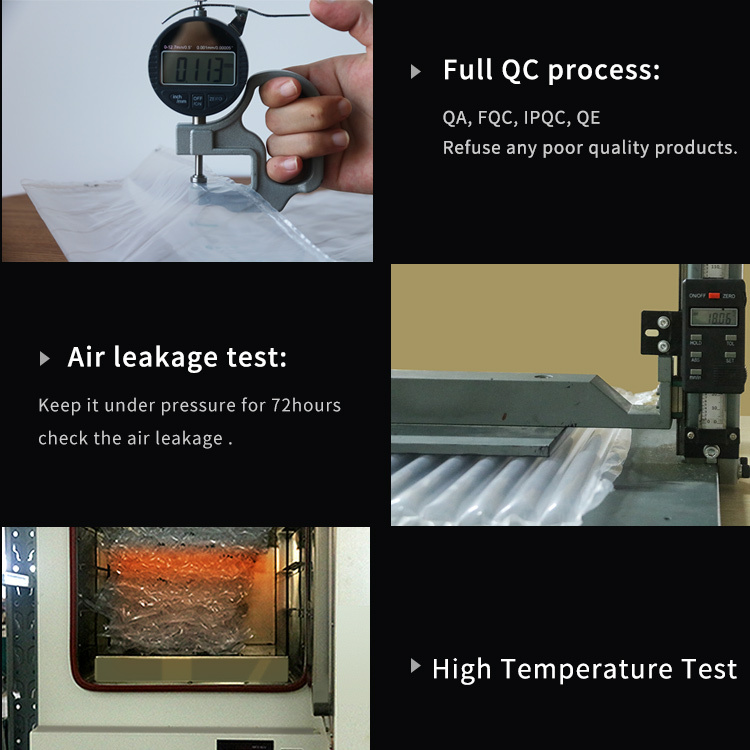 Q Type Air Column Bags quality control: thickness, air leakage, and high temperature tests with 'Full QC process'.
