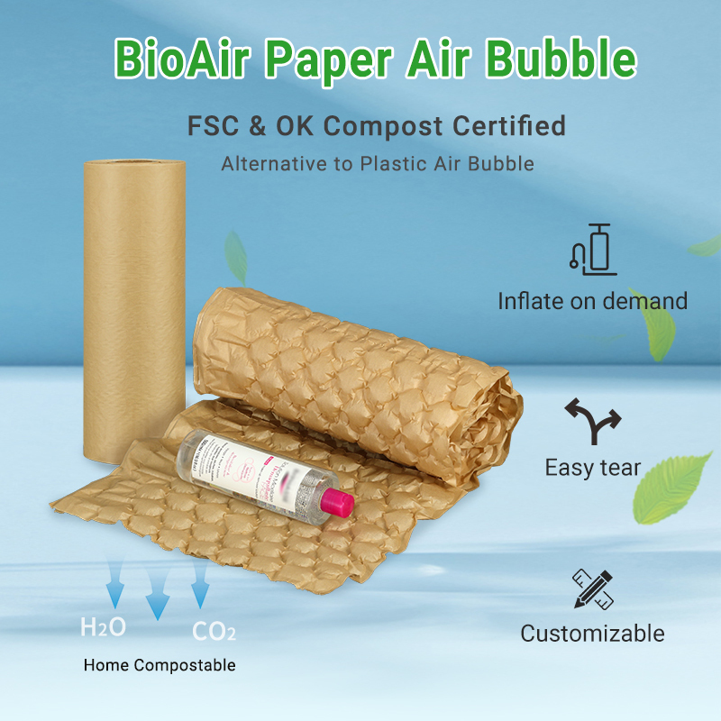 BioAir Paper Air Bubble: a display highlighting its FSC-certified, compostable, and plastic-free design.