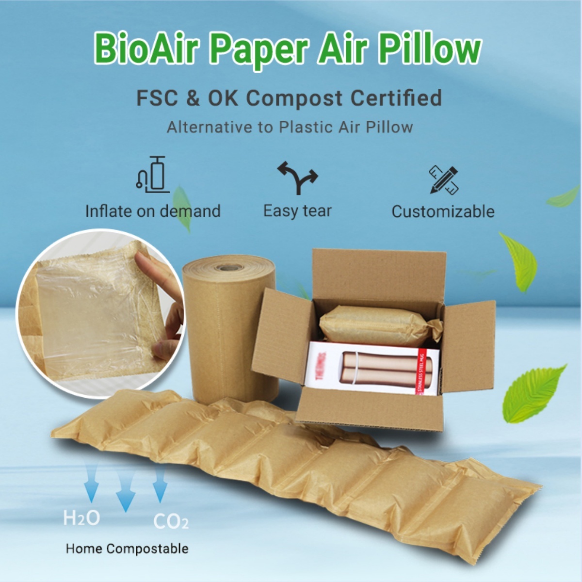 BioAir Paper Air Pillow: a display showing its FSC-certified, compostable, and plastic-free design.