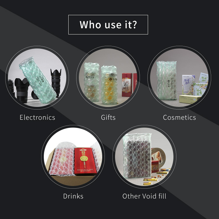 Recyclable air bubble wrap used for packaging electronics, gifts, cosmetics, and drinks, as a void fill.