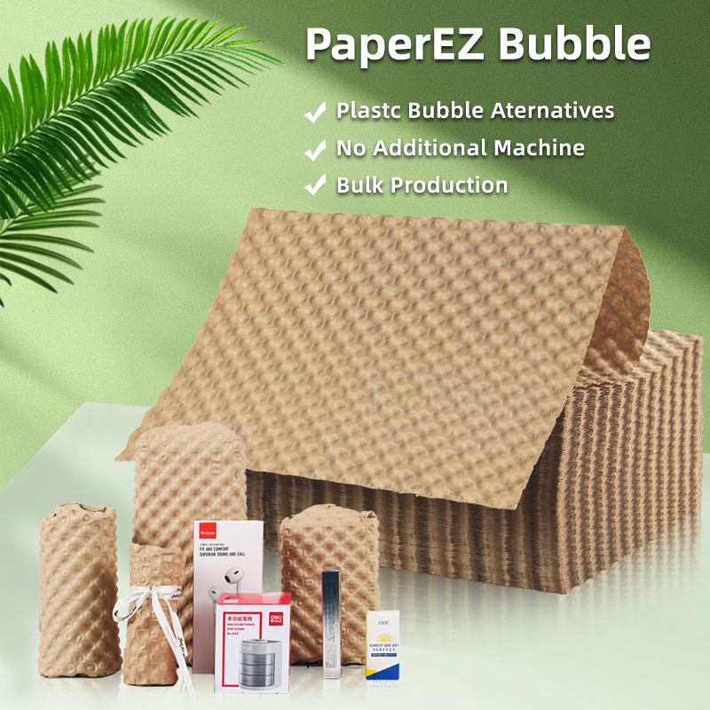 Kraft Paper Roll for PaperEZ: a plastic bubble alternative for bulk production, green background.