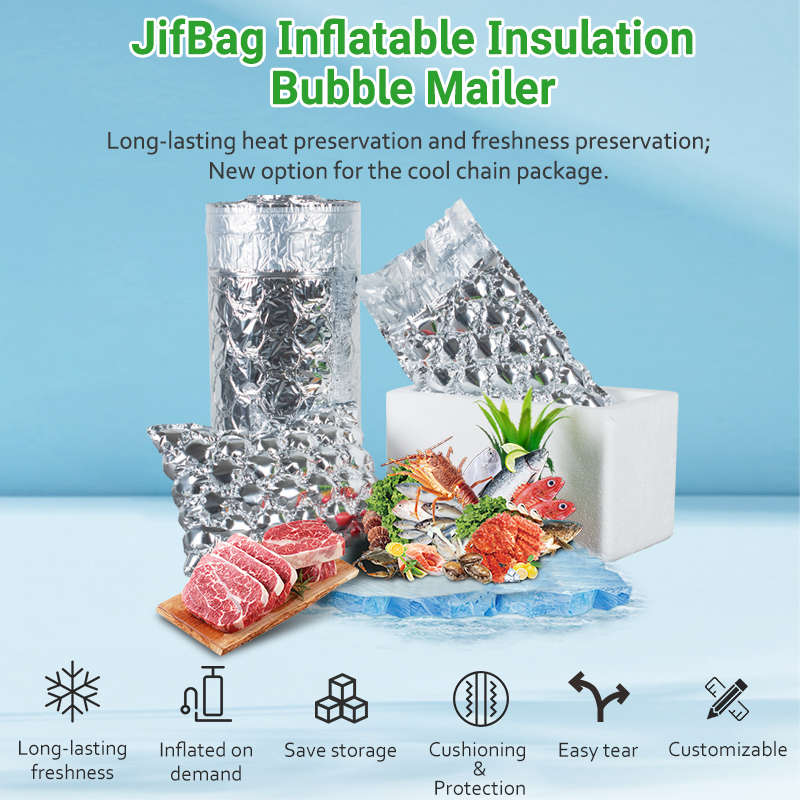 JifBag Inflatable Insulation Bubble Mailer for cold chain, preserving freshness of food like meat, fish, and shrimp.