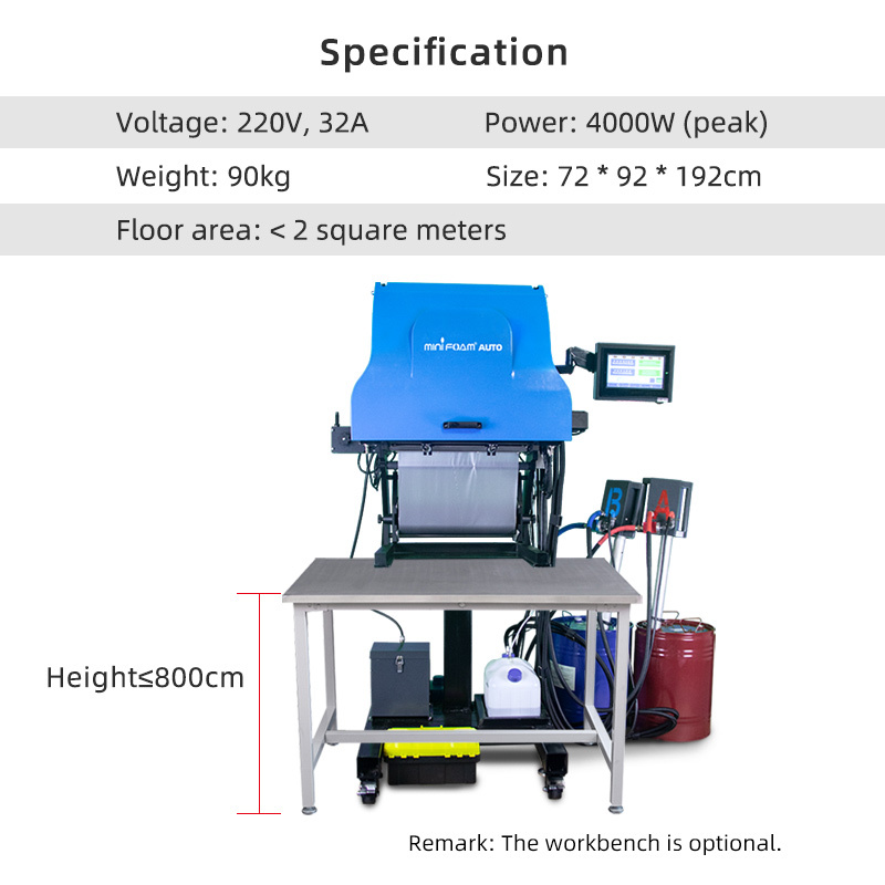 MINI FOAM MFA01 automatic foam in place machine specs: 90kg weight, 4000w peak power, and a compact size of 72x92x192cm.