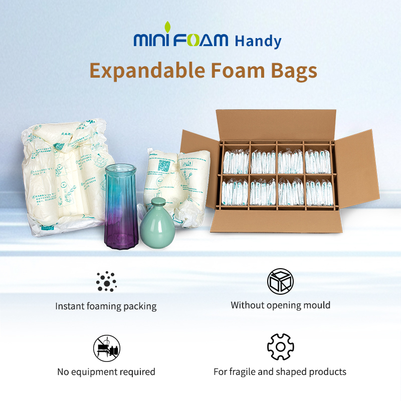 Mini Foam expanding foam bags for instant, no-equipment, and custom-shaped packing of fragile products.