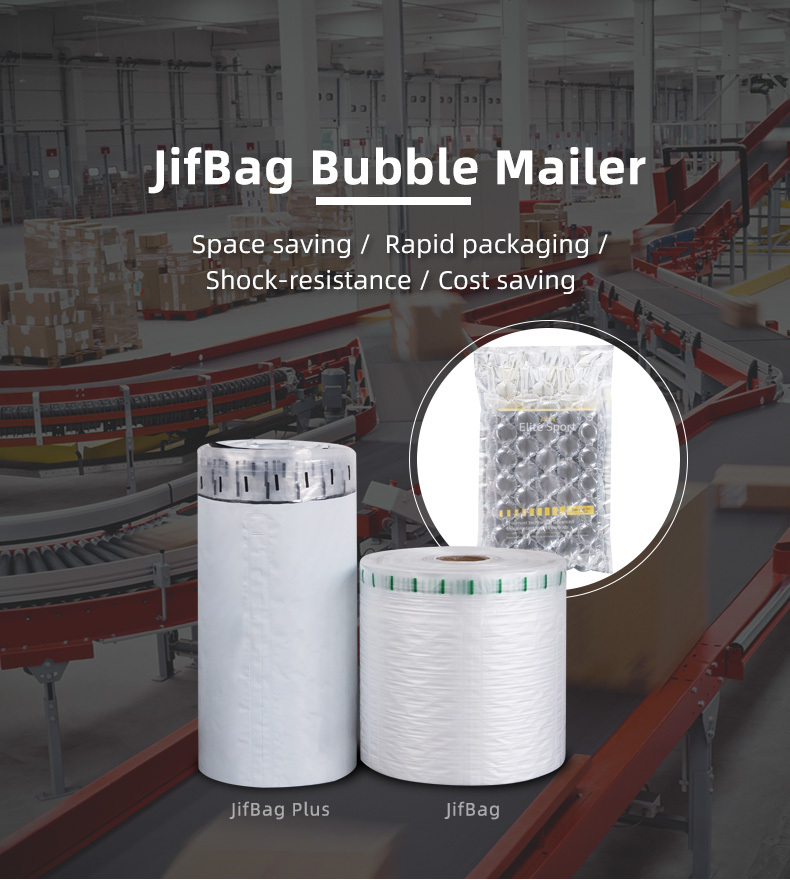 JifBag Inflatable Bubble Mailer: a display comparing the JifBag Plus and JifBag sizes.