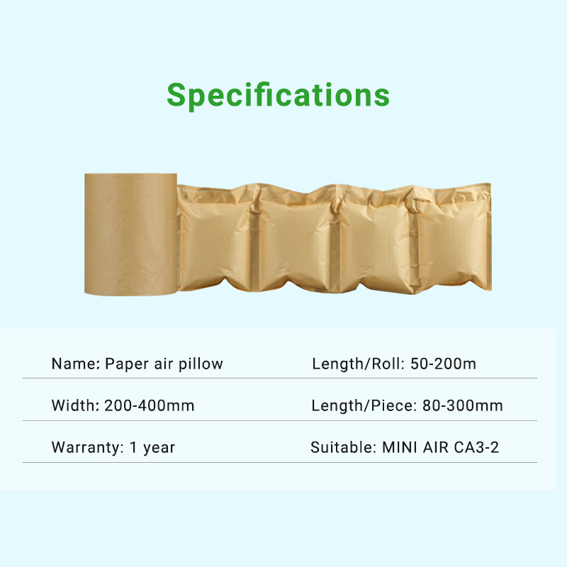 BioAir Paper Air Pillow: a specification chart detailing its customizable width, length, and roll size.