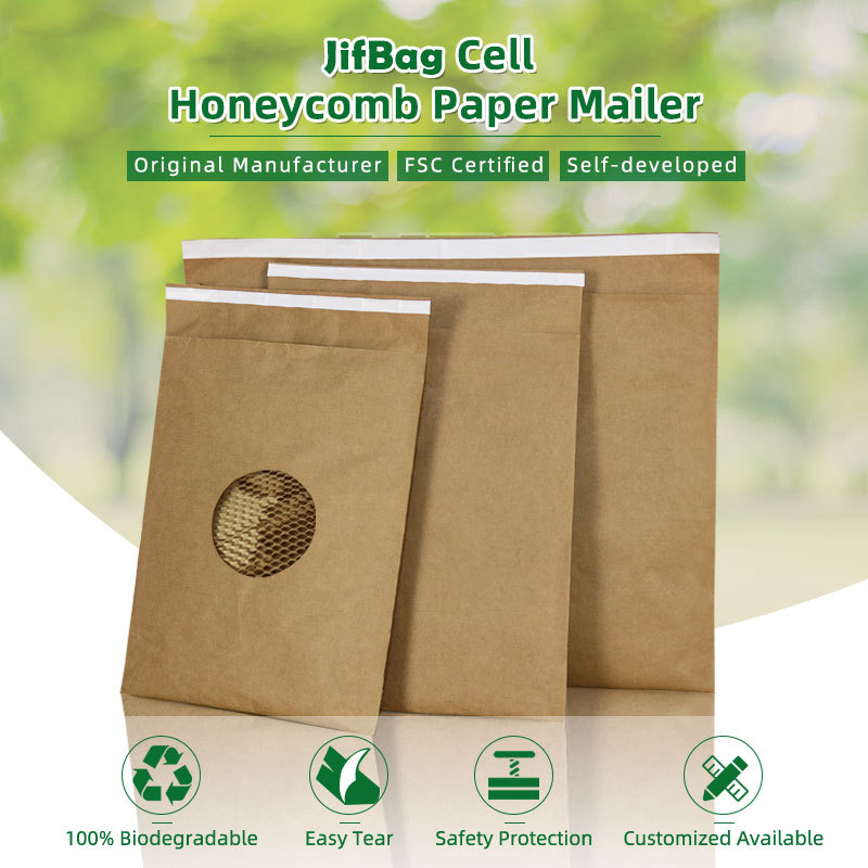 JifBag Honeycomb Paper Mailer, an original FSC-certified and 100% biodegradable product, with easy tear and customization.