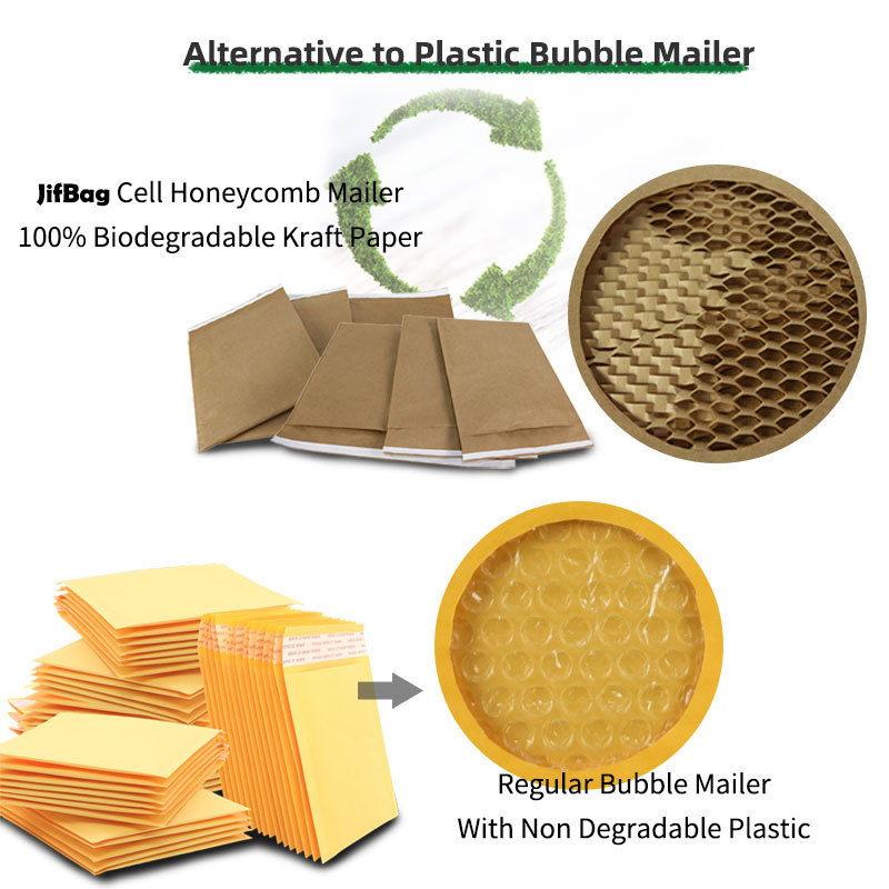 JifBag Honeycomb Paper Mailer, a 100% biodegradable alternative to regular plastic bubble mailers.