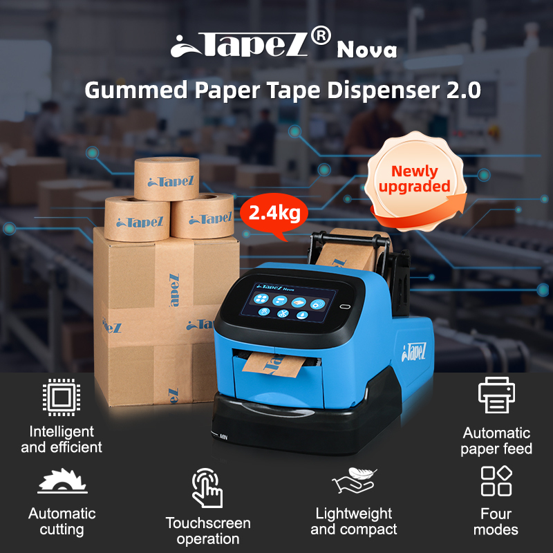 TapeZ Nova 2.0 smart water activated tape dispenser features: compact design, touchscreen, automatic cutting, and four modes.