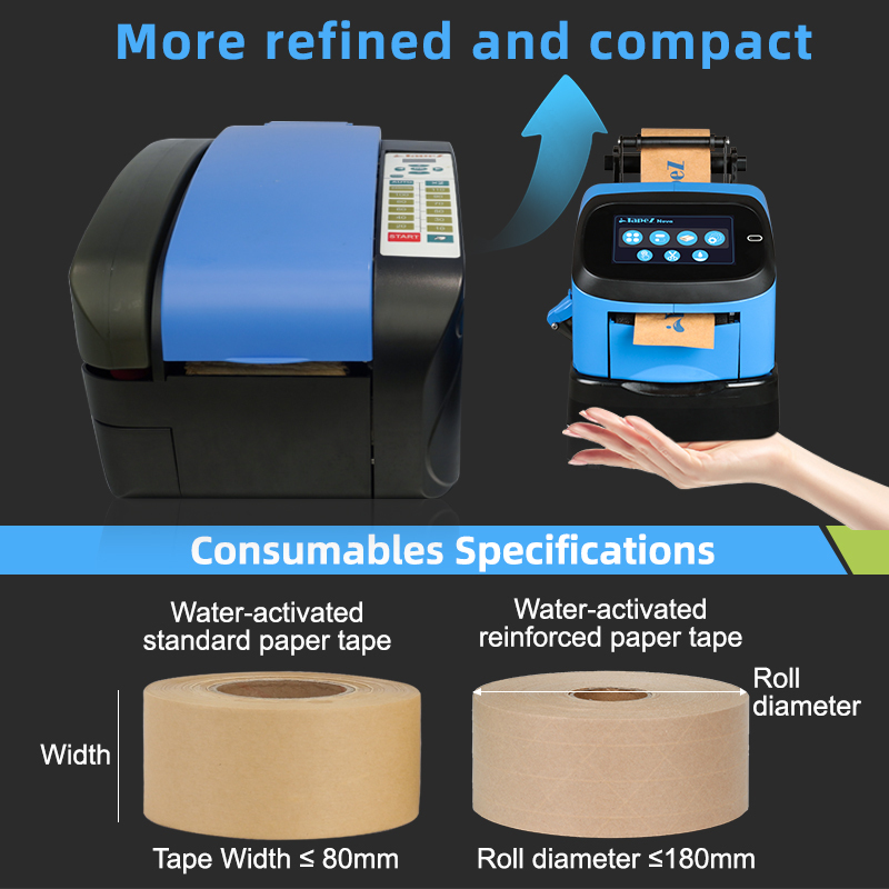 TapeZ 2.0 vs. 1.0 comparison highlighting the compact size and the gummed paper tape consumables specifications.