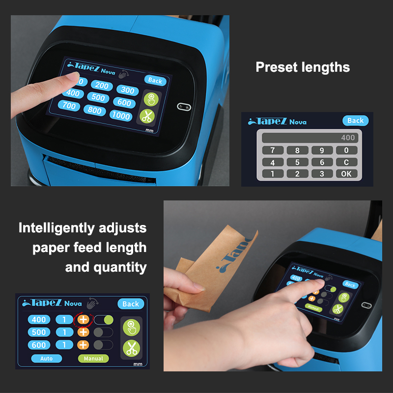 TapeZ Nova 2.0 Smart Water Activated Tape Dispenser: Control panel showing pre-set lengths and intelligent feed adjustment.