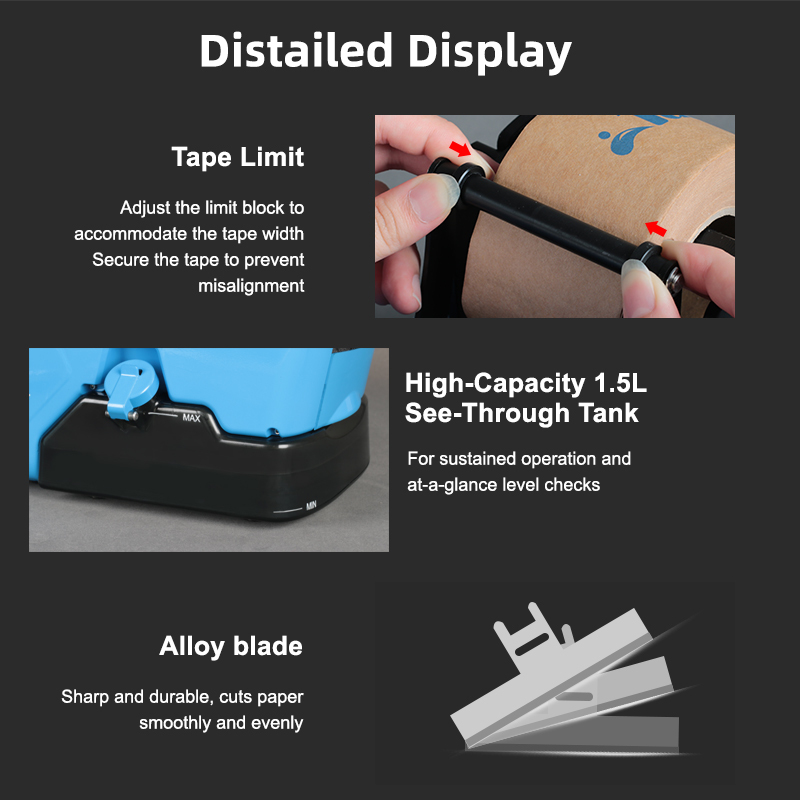 TapeZ Nova 2.0 Smart Dispenser: Detail of the adjustable tape limit, 1.5L water tank, and durable alloy blade for smooth cutting.