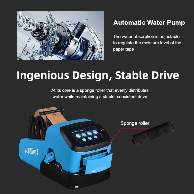 TapeZ Nova 2.0 Smart Dispenser: Detail of the automatic water pump and sponge roller, ensuring stable drive and adjustable, even water distribution.