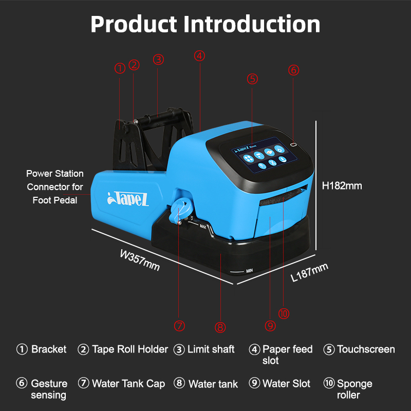 TapeZ Nova 2.0 Smart Dispenser: Labeled product introduction diagram identifying the touchscreen bracket, water tank, sponge roller, and gesture sensing controls.