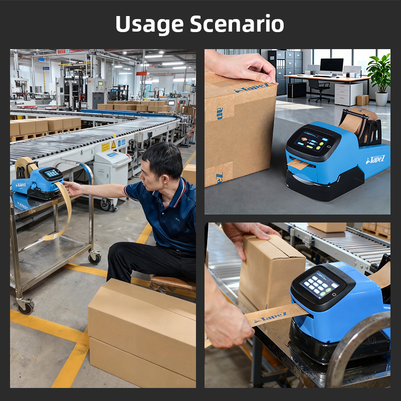 TapeZ Nova 2.0 Smart Dispenser: Usage scenario showing the compact machine in use on a small packing station for e-commerce sealing.