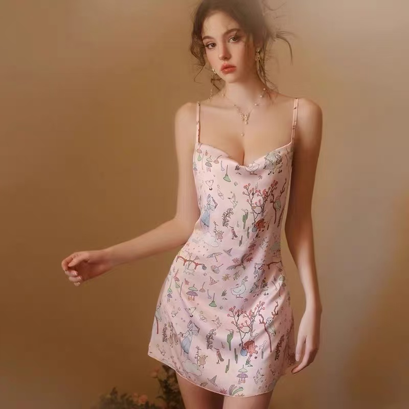 Sexy Cowl Neck Cute Cartoon Cami Silk Dress for Women | 2025 Summer New Thin Collection