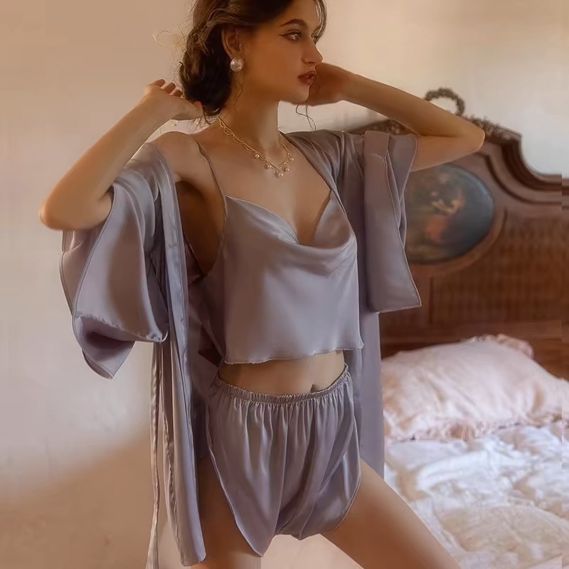 2025 Summer New Sexy Backless Strappy Shorts Pajamas for Women, Purple Mulberry Silk Set