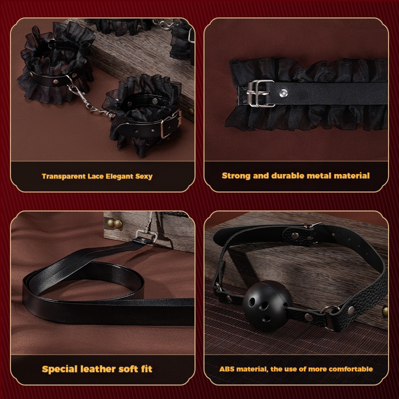 SM sex toys & props, couple-sharing bed aids,  bondage sets, handcuffs, ankle cuffs, ball gags.