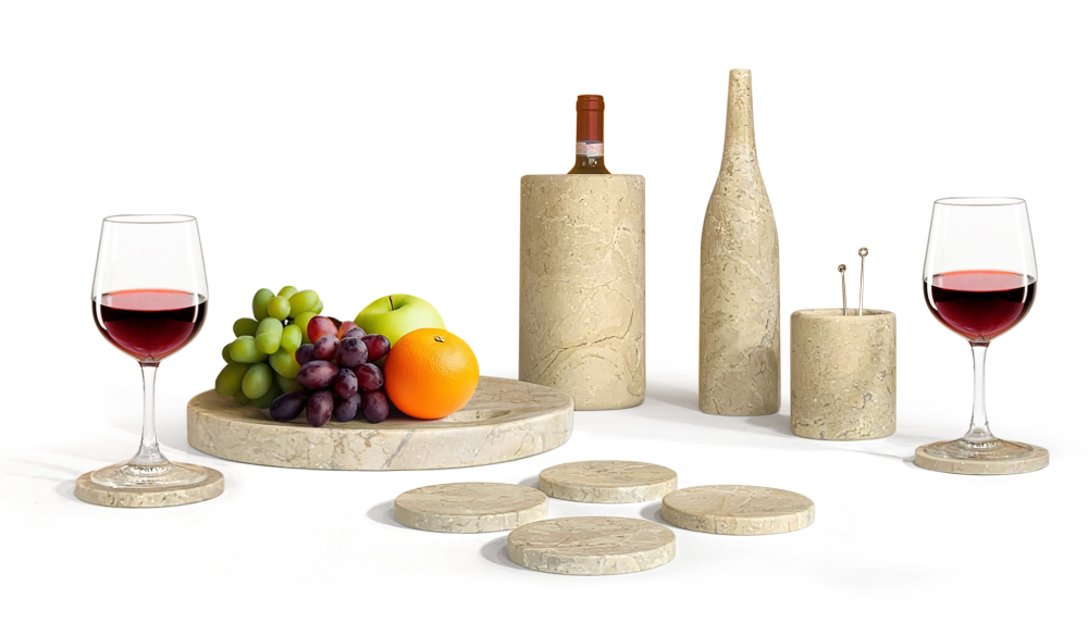 Luxury Natural Marble Dining Room Accessories Set, Genuine Marble, Glod Yellow Beige, 10 Piece Set