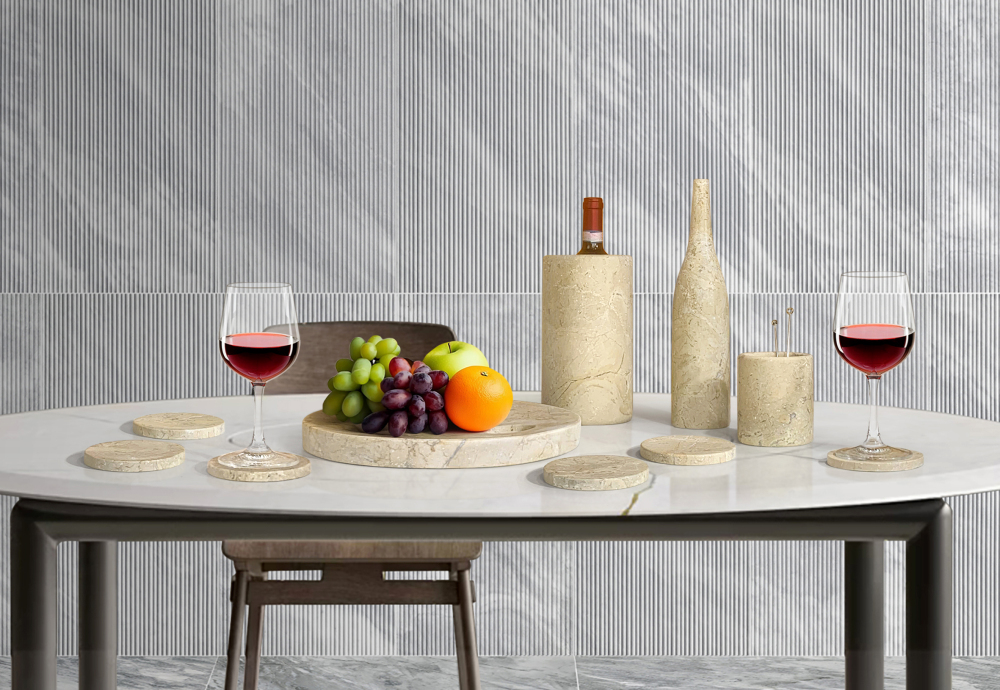 Luxury Natural Marble Dining Room Accessories Set, Genuine Marble, Glod Yellow Beige, 10 Piece Set