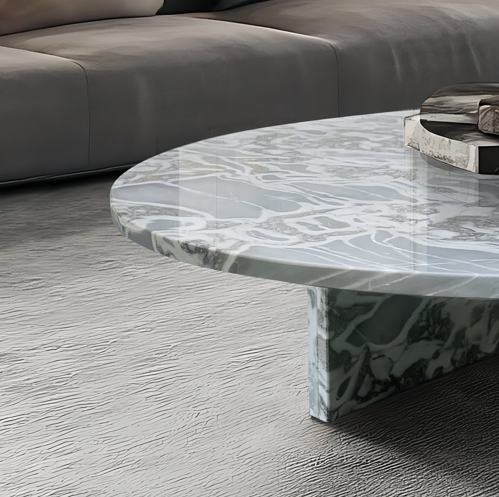 Blue Gray Natural Marble Coffee Table with Polished Surface for Living Room, Natural Stone, Ø35.4 H9.8 Inch