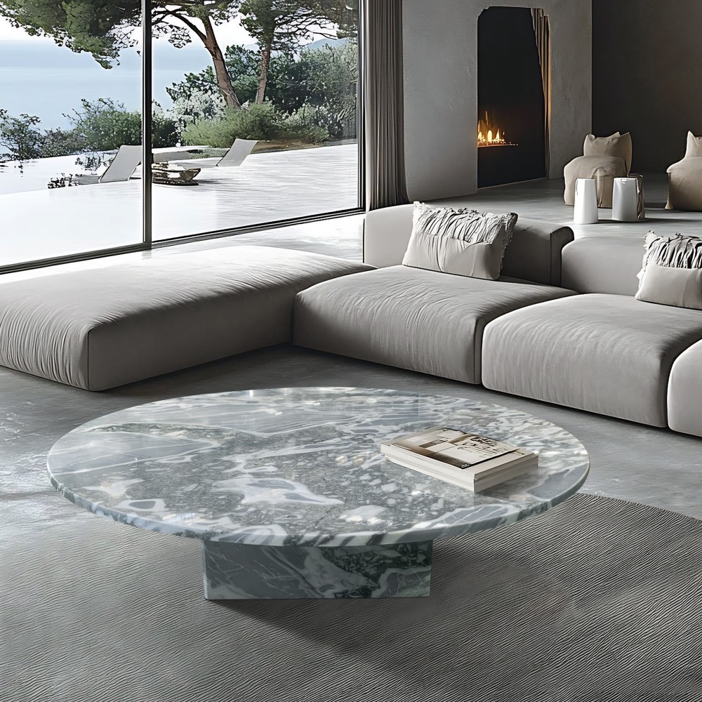 Blue Gray Natural Marble Coffee Table with Polished Surface for Living Room, Natural Stone, Ø35.4 H9.8 Inch