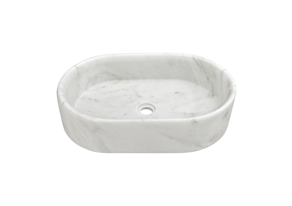 White natural marble bathroom vessel sink, semi-polished surface, natural stone, genuine marble, real marble, 23.6x15.7xH5.9 Inches/600X400XH150 mm