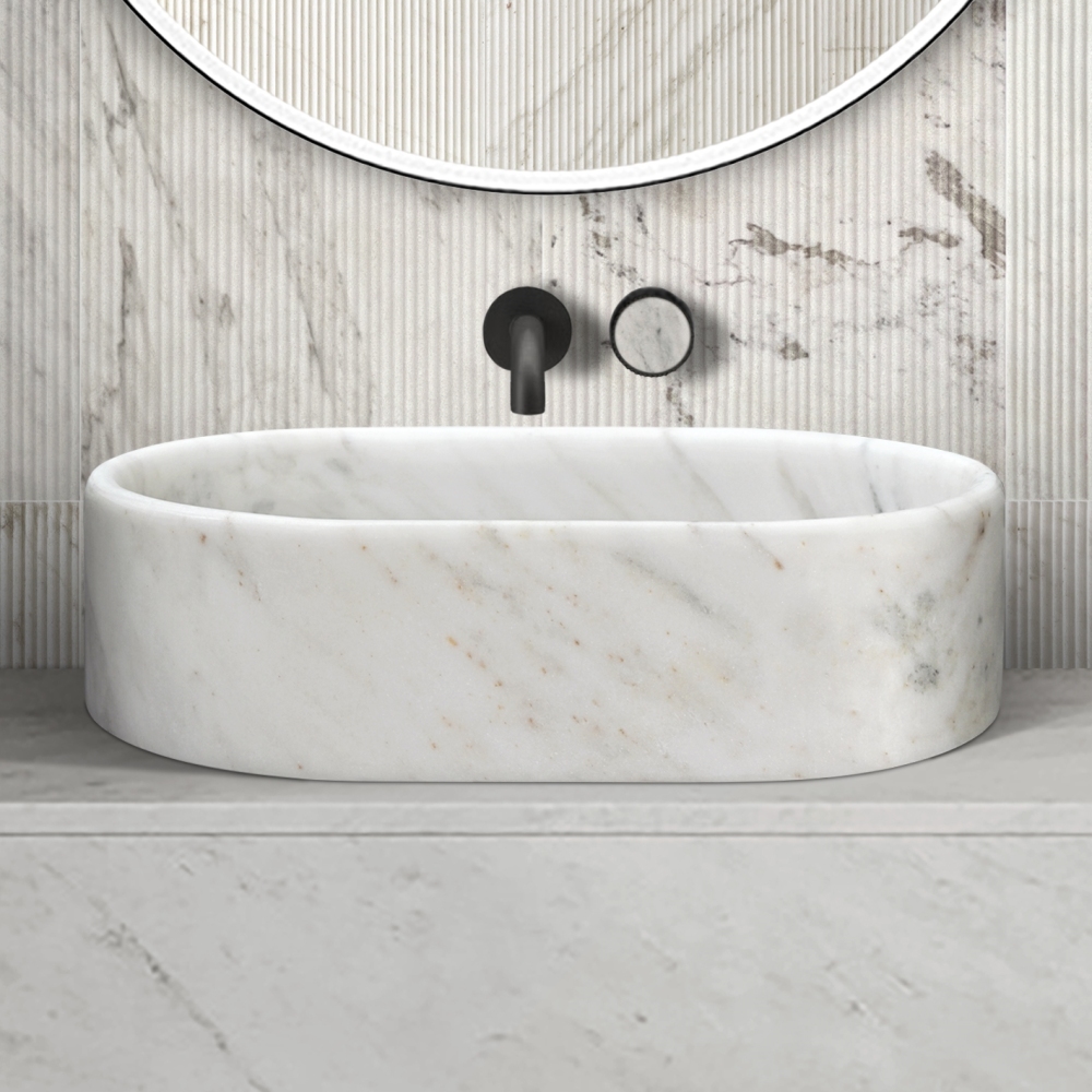 White natural marble bathroom vessel sink, semi-polished surface, natural stone, genuine marble, real marble, 23.6x15.7xH5.9 Inches/600X400XH150 mm