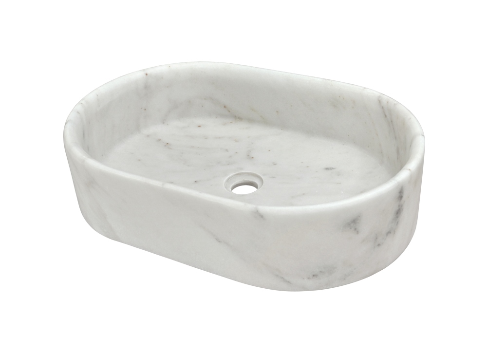 White natural marble bathroom vessel sink, semi-polished surface, natural stone, genuine marble, real marble, 23.6x15.7xH5.9 Inches/600X400XH150 mm