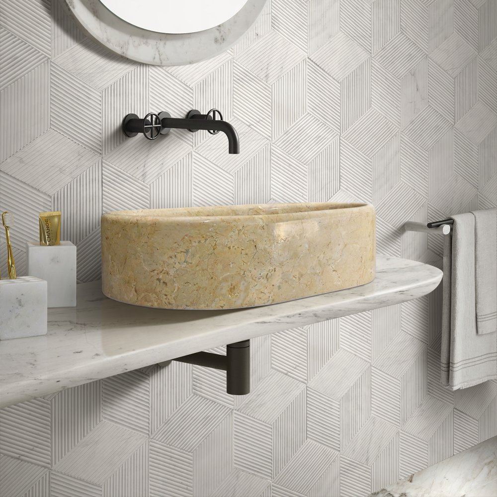 Gold Yellow Beige Natural Marble Bathroom Vessel Sink, Polished Finish, Genuine Real Marble, Oval Shape, 23.6 x 15.7 x H5.9 Inches/600X400XH150 mm