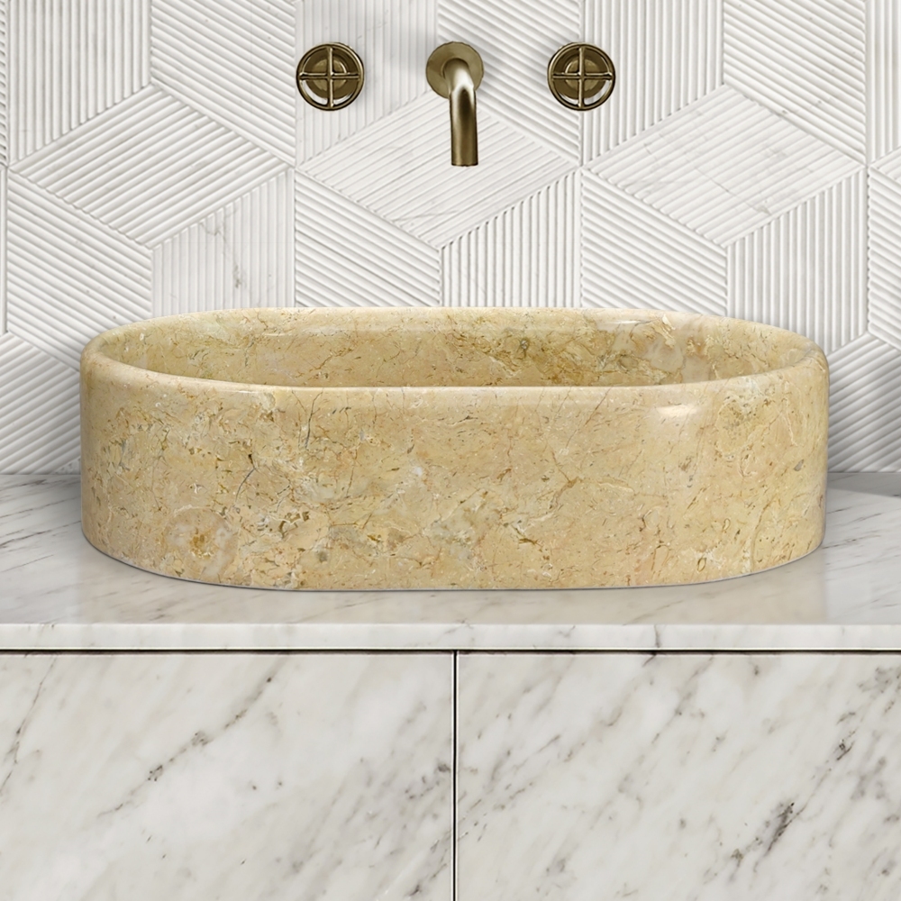 Gold Yellow Beige Natural Marble Bathroom Vessel Sink, Polished Finish, Genuine Real Marble, Oval Shape, 23.6 x 15.7 x H5.9 Inches/600X400XH150 mm