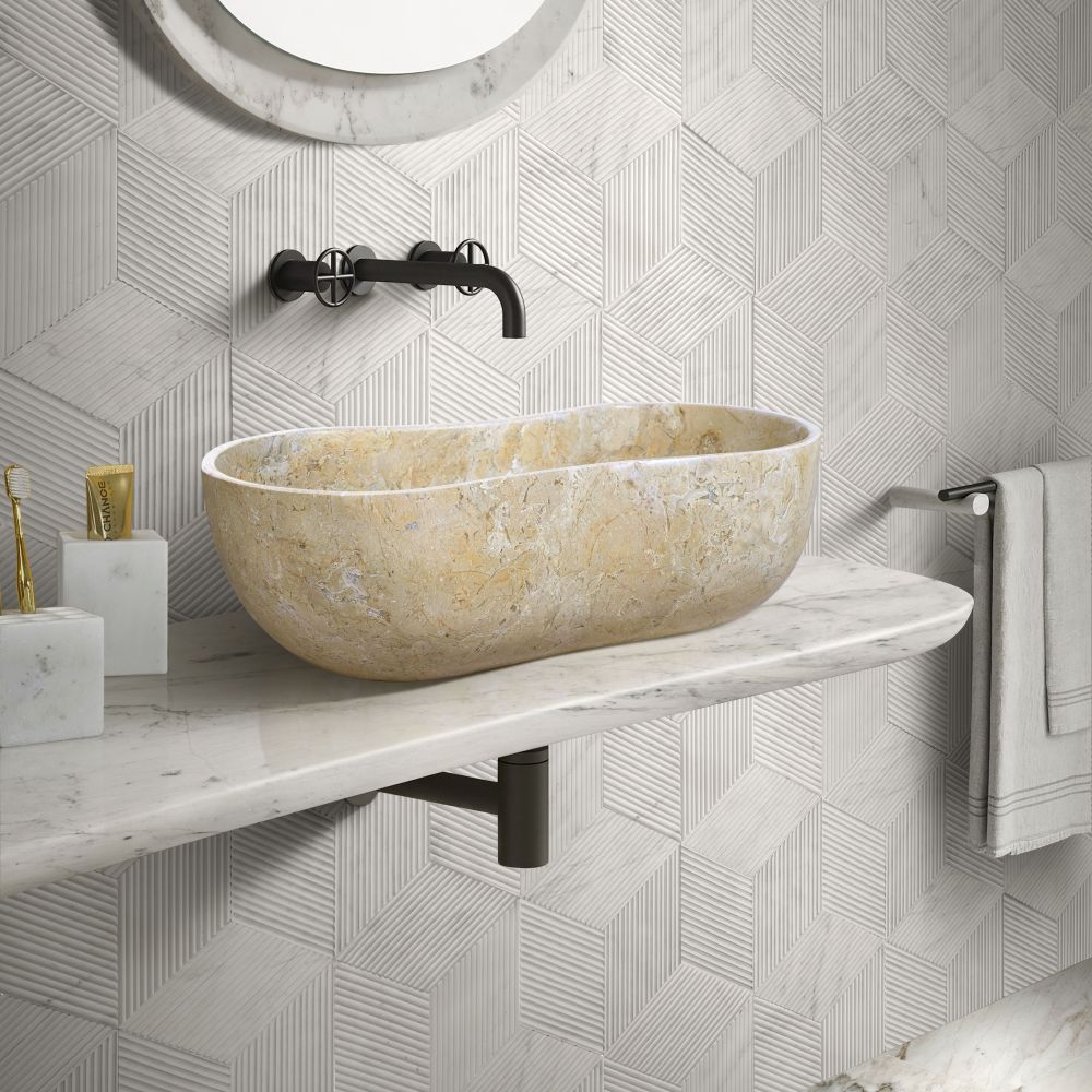 Gold Yellow Beige Natural Marble Bathroom Vessel Sink, Wavy Design, Polished Surface, Real Marble, 23.6x14.2xH7.1 inches/600x360xH180 mm
