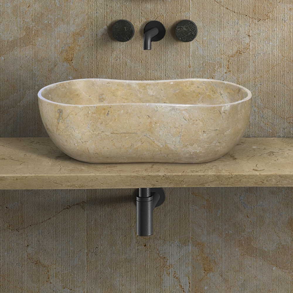 Gold Yellow Beige Natural Marble Bathroom Vessel Sink, Wavy Design, Polished Surface, Real Marble, 23.6x14.2xH7.1 inches/600x360xH180 mm