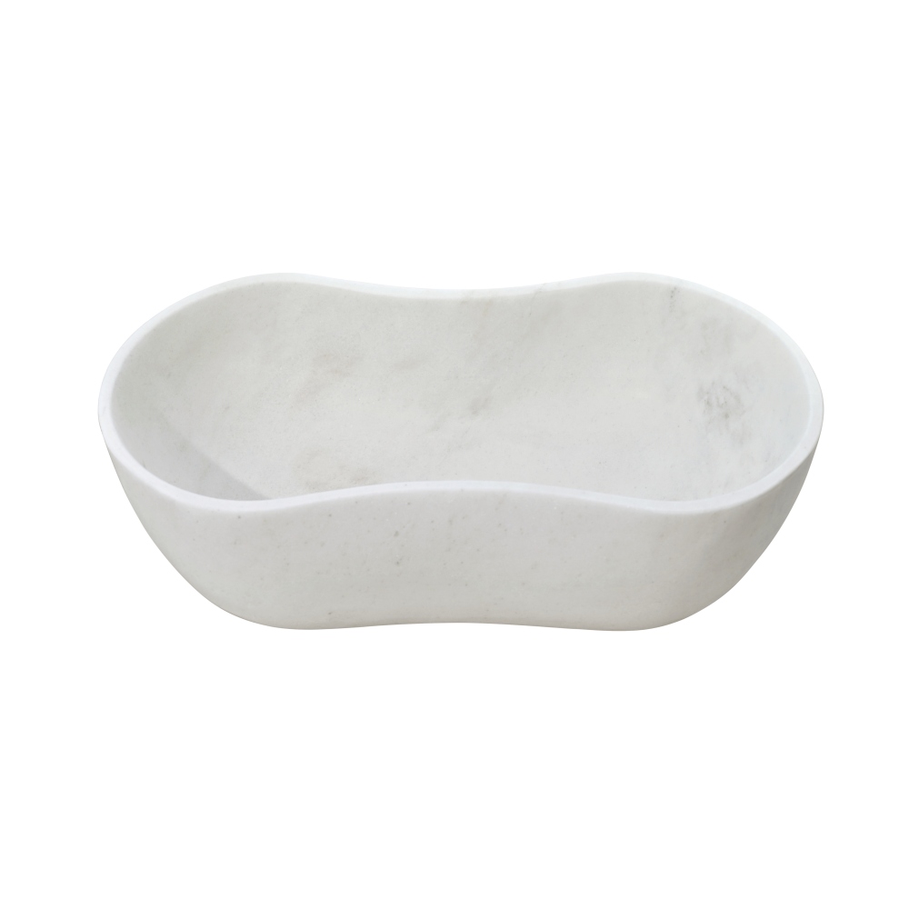 White Natural Marble Bathroom Vessel Sink, Wavy Design, Semi-Polished Surface, Real Marble, 23.6x14.2xH7.1 inches/600x360xH180 mm