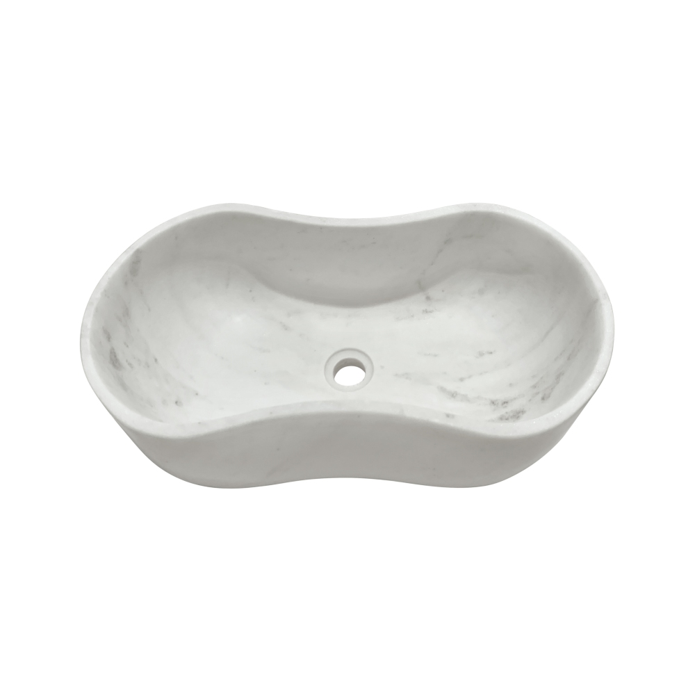 White Natural Marble Bathroom Vessel Sink, Wavy Design, Semi-Polished Surface, Real Marble, 23.6x14.2xH7.1 inches/600x360xH180 mm